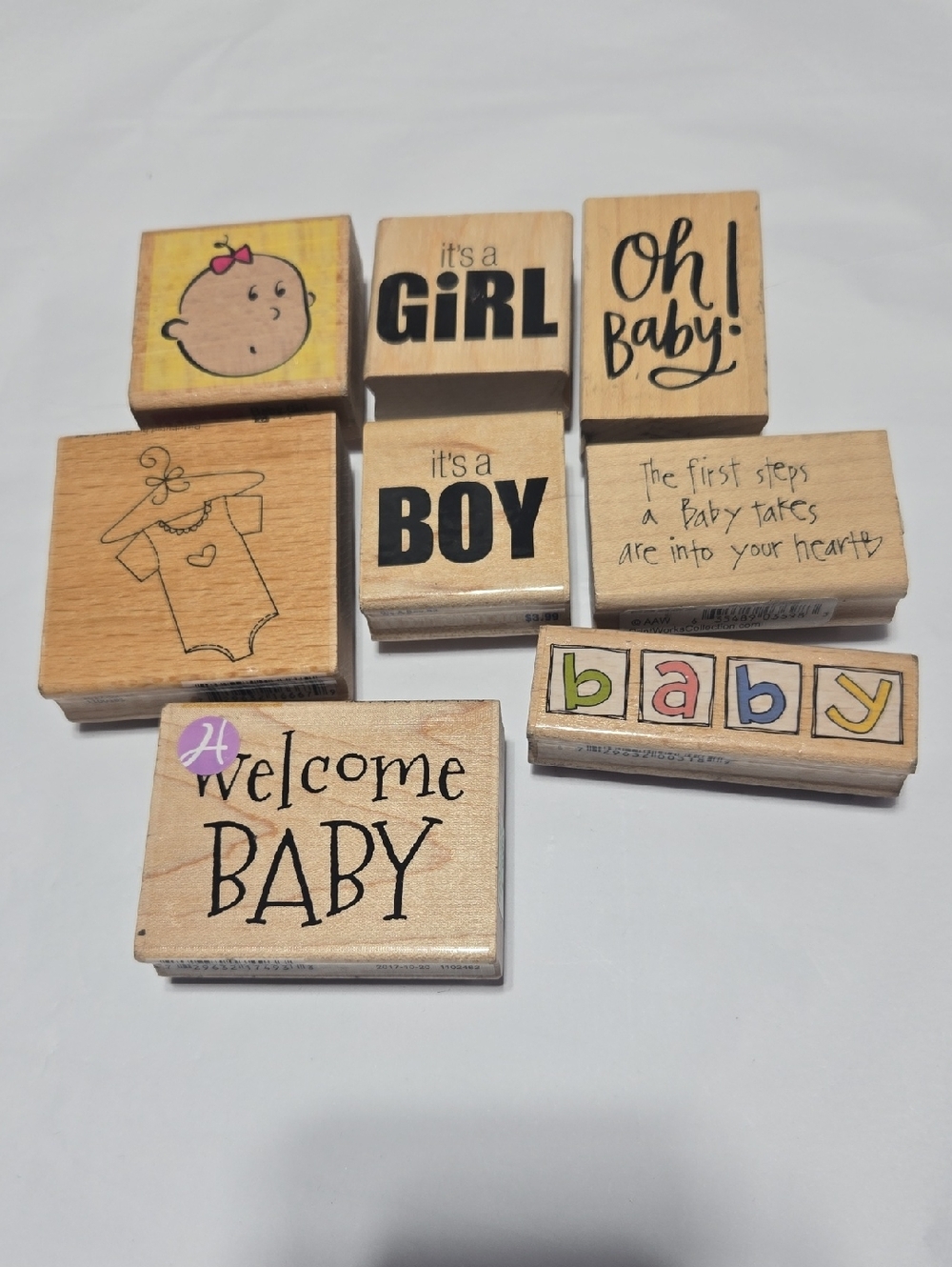 Lot 30- Baby Themed Wooden Stamp Set - Neutral Wood & Pastel Accents
